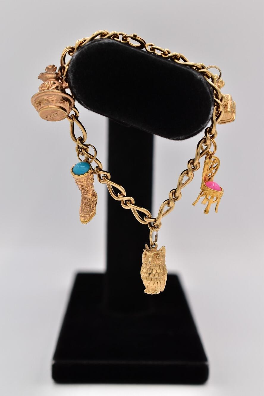 Avon Vintage Gold Novelty Charm Bracelet Owl Phone Chair Boot Bottle 1980s BinBR